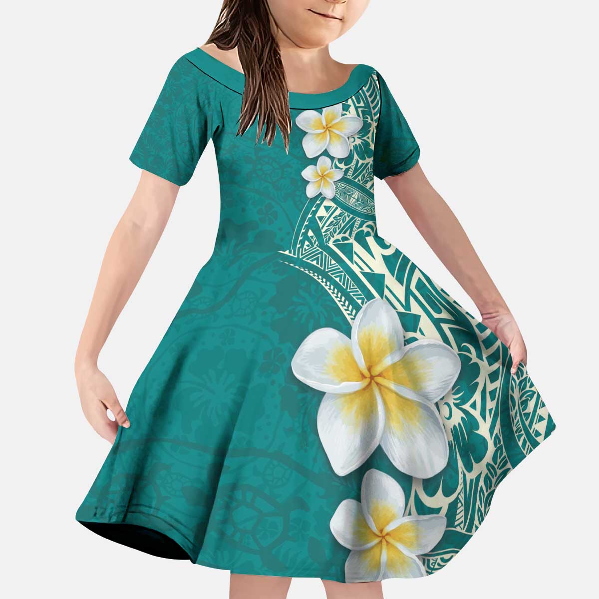 Plumeria Kid Short Sleeve Dress Polynesian Tribal Frangipani Teal