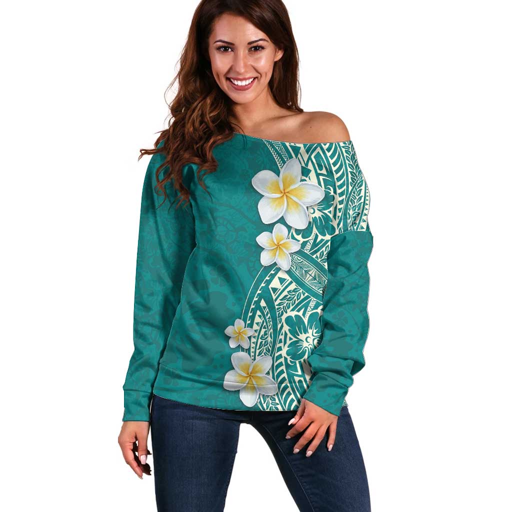 Plumeria Off Shoulder Sweater Polynesian Tribal Frangipani Teal LT03 Women Teal - Polynesian Pride