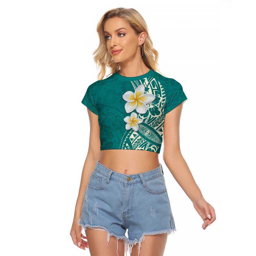 Plumeria Raglan Cropped T Shirt Polynesian Tribal Frangipani Teal