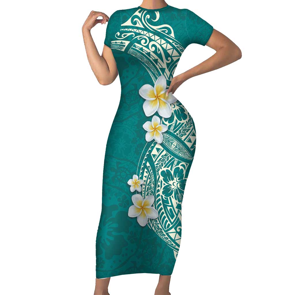 Plumeria Short Sleeve Bodycon Dress Polynesian Tribal Frangipani Teal LT03 Long Dress Teal - Polynesian Pride