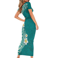 Plumeria Short Sleeve Bodycon Dress Polynesian Tribal Frangipani Teal LT03 - Polynesian Pride