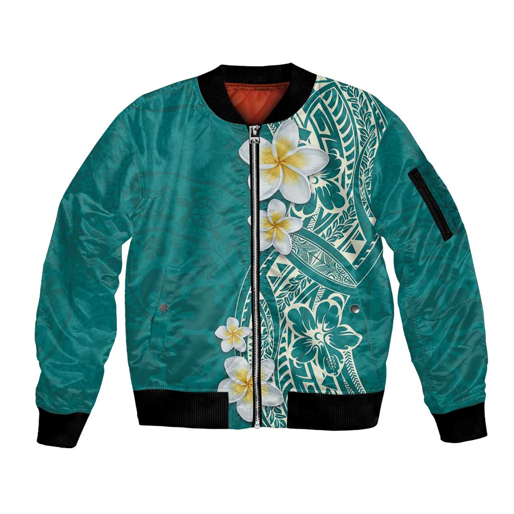 Plumeria Sleeve Zip Bomber Jacket Polynesian Tribal Frangipani Teal LT03 Unisex Teal - Polynesian Pride