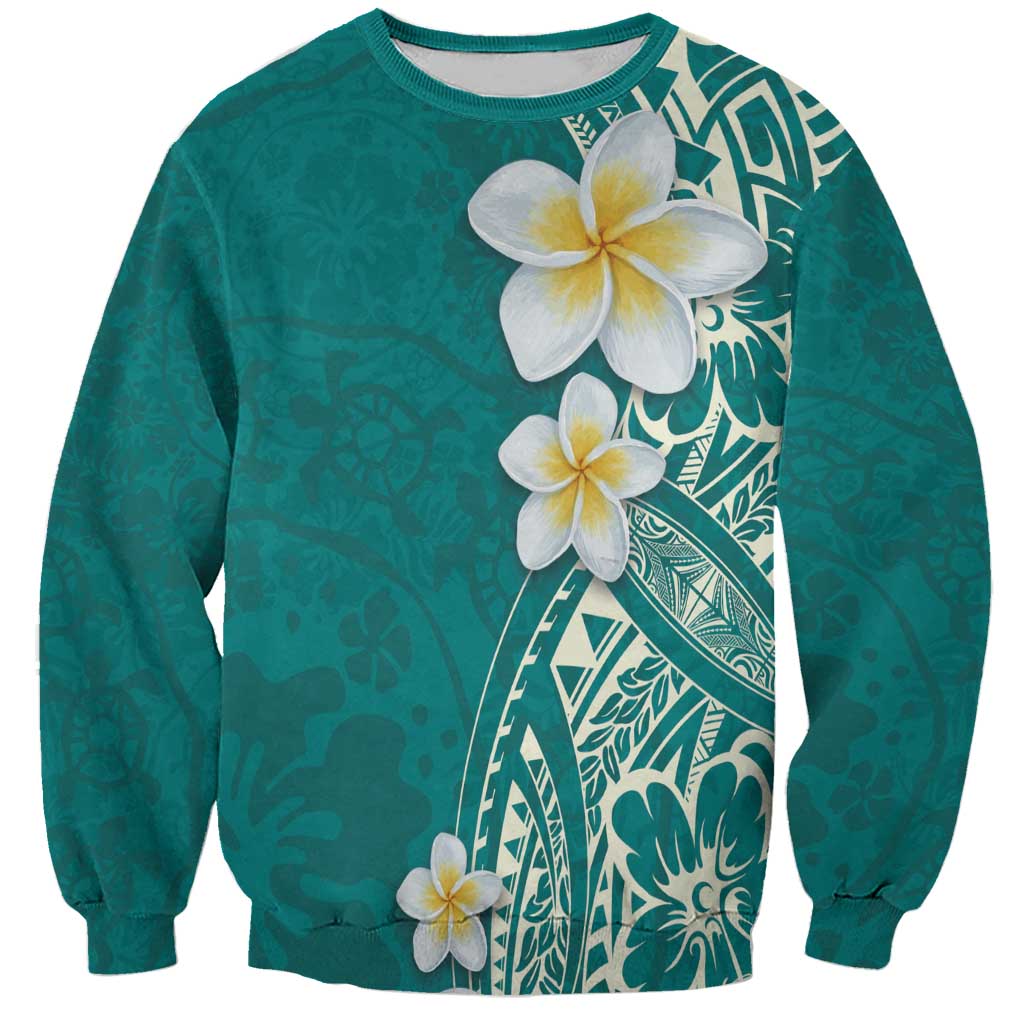 Plumeria Sweatshirt Polynesian Tribal Frangipani Teal