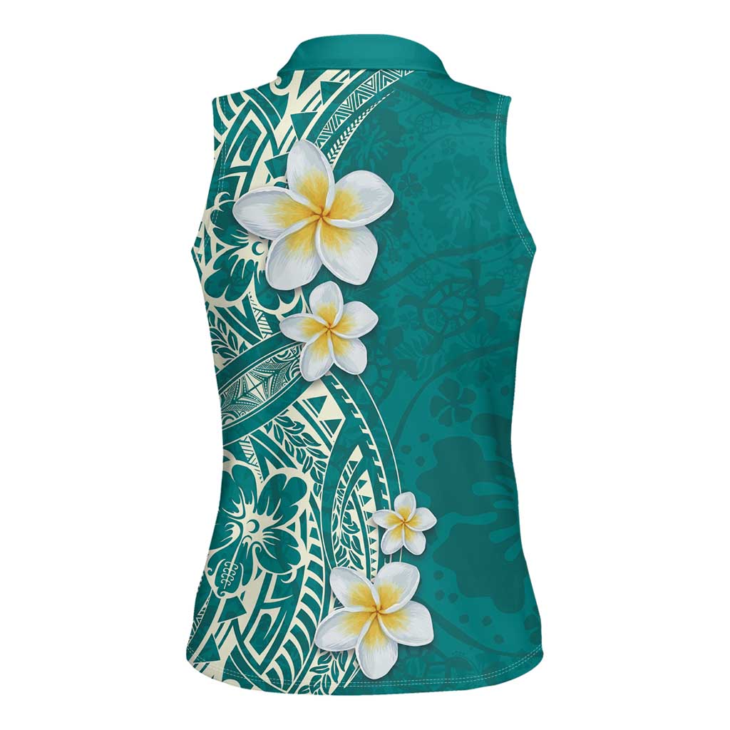 Plumeria Women Sleeveless Polo Shirt Polynesian Tribal Frangipani Teal