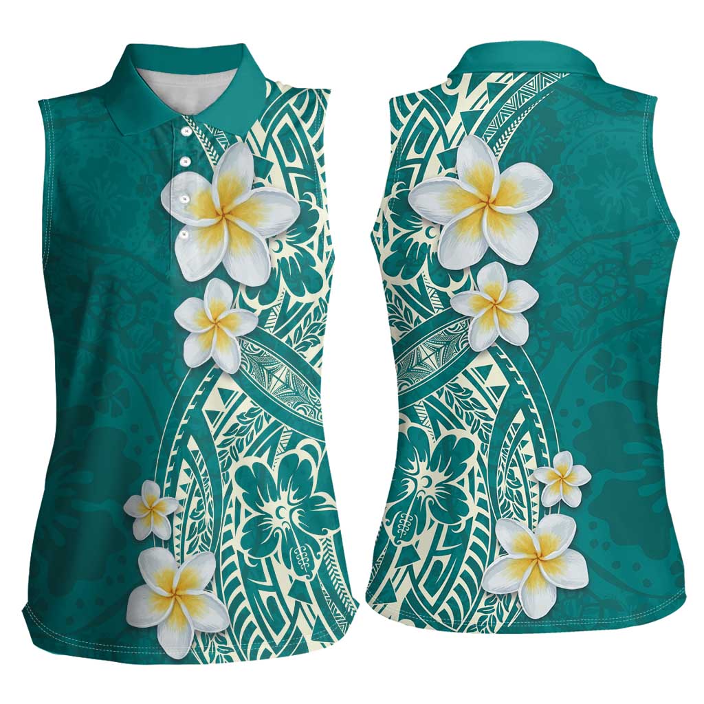 Plumeria Women Sleeveless Polo Shirt Polynesian Tribal Frangipani Teal