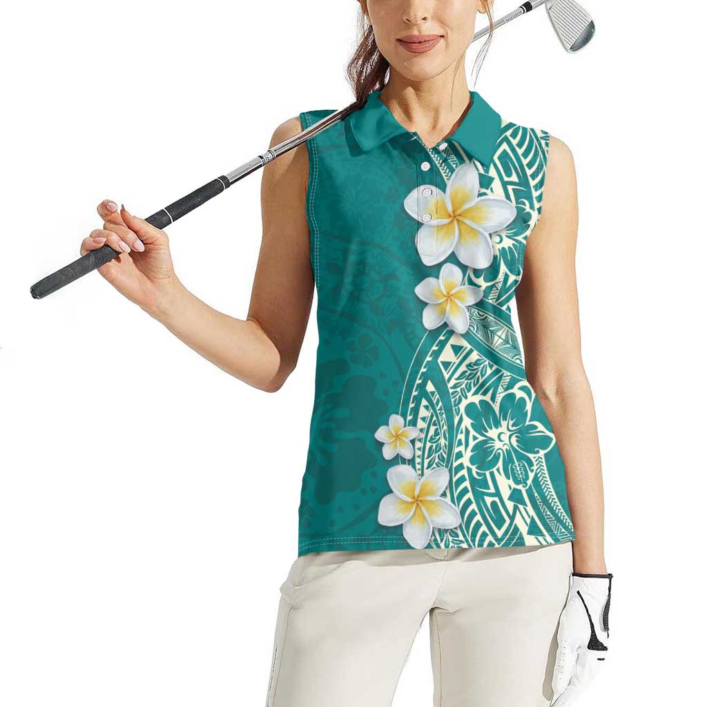 Plumeria Women Sleeveless Polo Shirt Polynesian Tribal Frangipani Teal