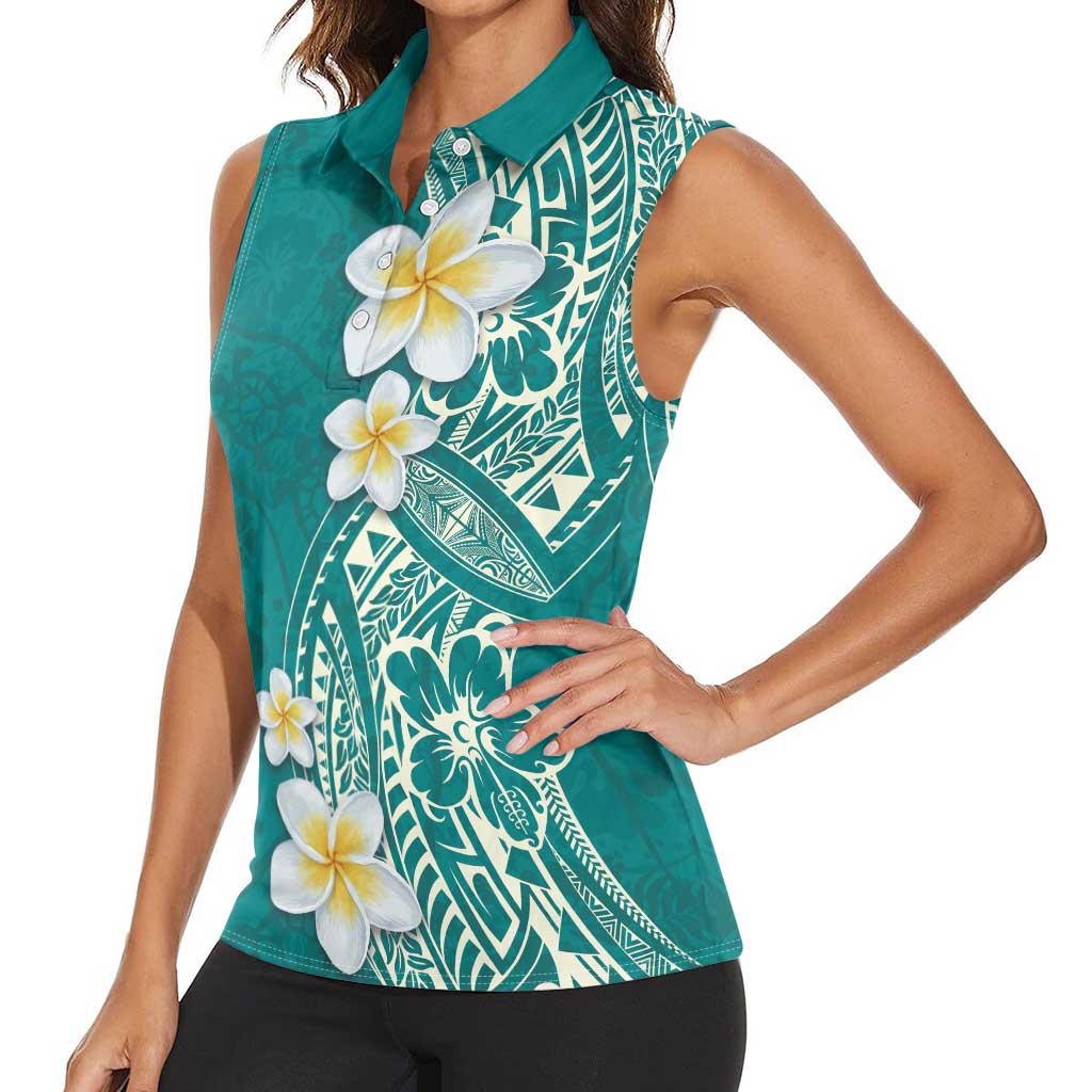 Plumeria Women Sleeveless Polo Shirt Polynesian Tribal Frangipani Teal
