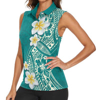 Plumeria Women Sleeveless Polo Shirt Polynesian Tribal Frangipani Teal
