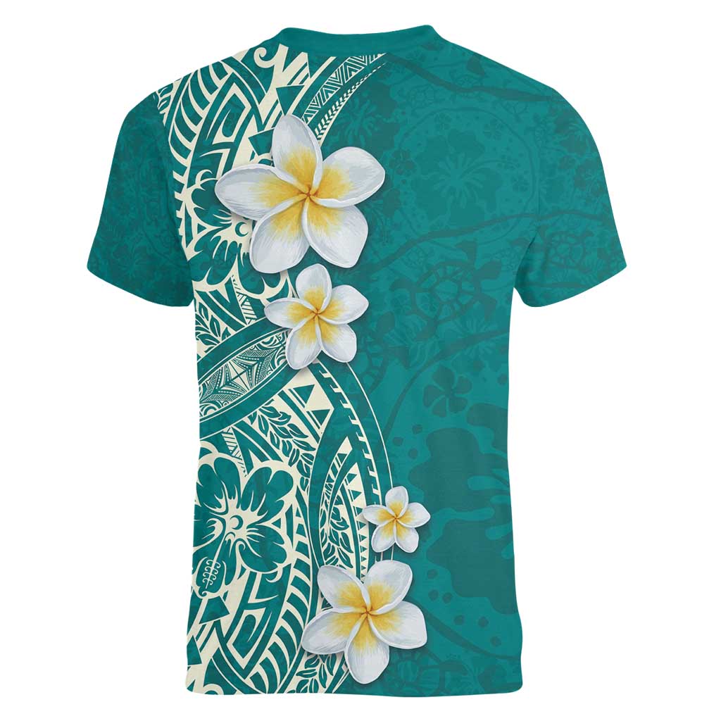 Plumeria Women V-Neck T-Shirt Polynesian Tribal Frangipani Teal