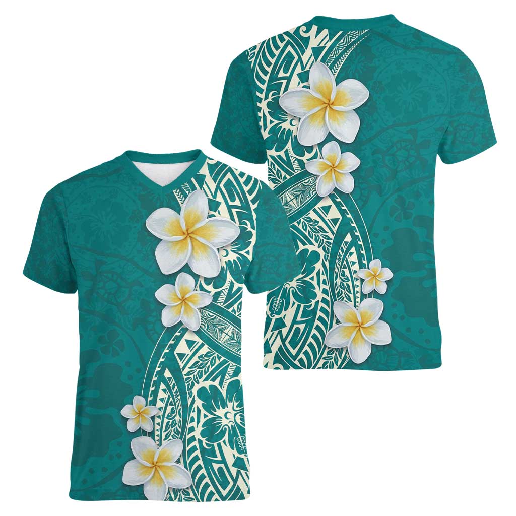 Plumeria Women V-Neck T-Shirt Polynesian Tribal Frangipani Teal