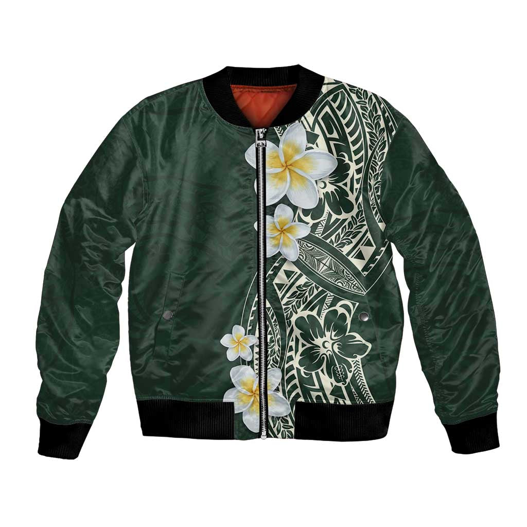 Plumeria Bomber Jacket Polynesian Tribal Frangipani Green LT03 Unisex Green - Polynesian Pride