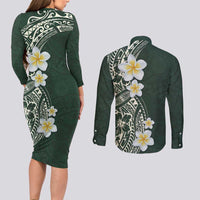 Plumeria Couples Matching Long Sleeve Bodycon Dress and Long Sleeve Button Shirt Polynesian Tribal Frangipani Green