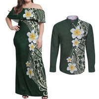 Plumeria Couples Matching Off Shoulder Maxi Dress and Long Sleeve Button Shirt Polynesian Tribal Frangipani Green