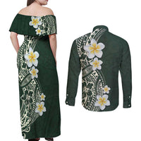 Plumeria Couples Matching Off Shoulder Maxi Dress and Long Sleeve Button Shirt Polynesian Tribal Frangipani Green
