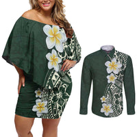 Plumeria Couples Matching Off Shoulder Short Dress and Long Sleeve Button Shirt Polynesian Tribal Frangipani Green