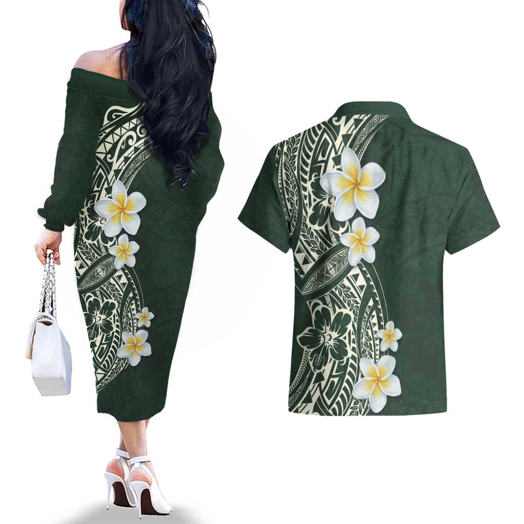 Plumeria Couples Matching Off The Shoulder Long Sleeve Dress and Hawaiian Shirt Polynesian Tribal Frangipani Green