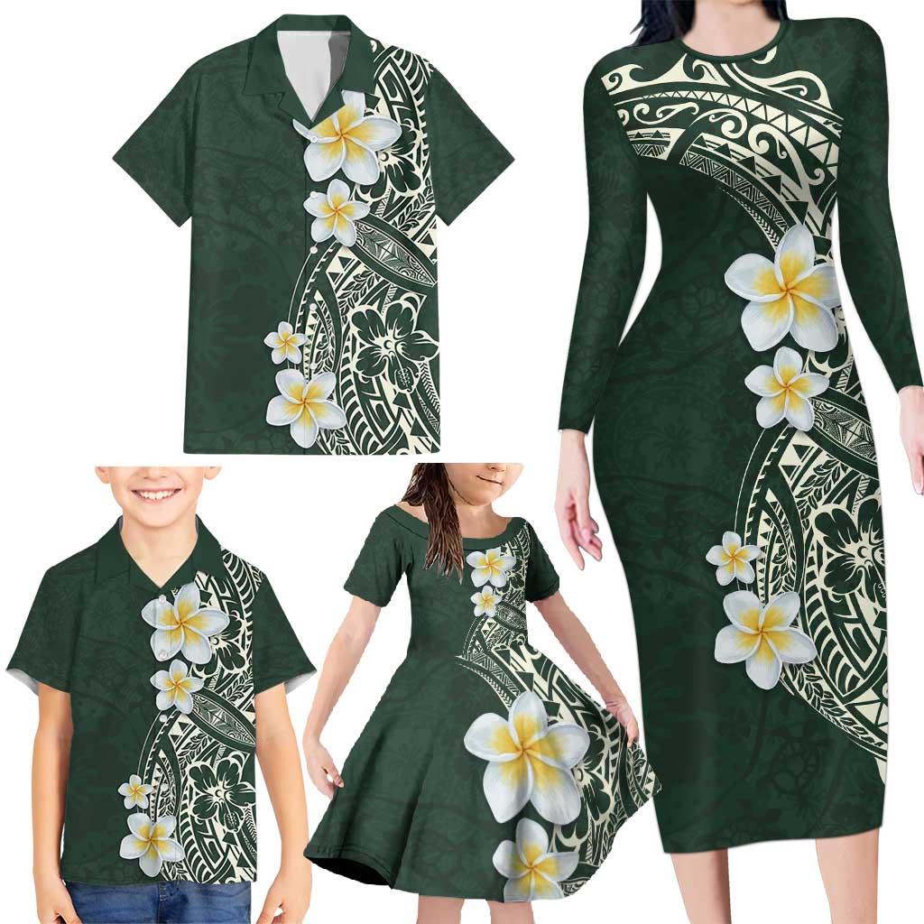 Plumeria Family Matching Long Sleeve Bodycon Dress and Hawaiian Shirt Polynesian Tribal Frangipani Green