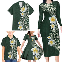 Plumeria Family Matching Long Sleeve Bodycon Dress and Hawaiian Shirt Polynesian Tribal Frangipani Green