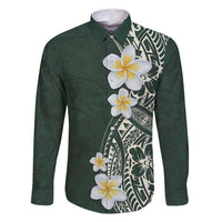 Plumeria Family Matching Long Sleeve Bodycon Dress and Hawaiian Shirt Polynesian Tribal Frangipani Green
