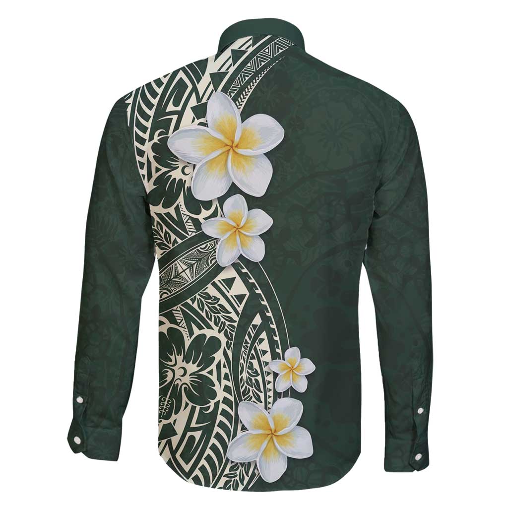 Plumeria Family Matching Long Sleeve Bodycon Dress and Hawaiian Shirt Polynesian Tribal Frangipani Green