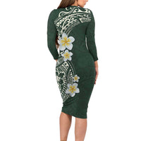 Plumeria Family Matching Long Sleeve Bodycon Dress and Hawaiian Shirt Polynesian Tribal Frangipani Green