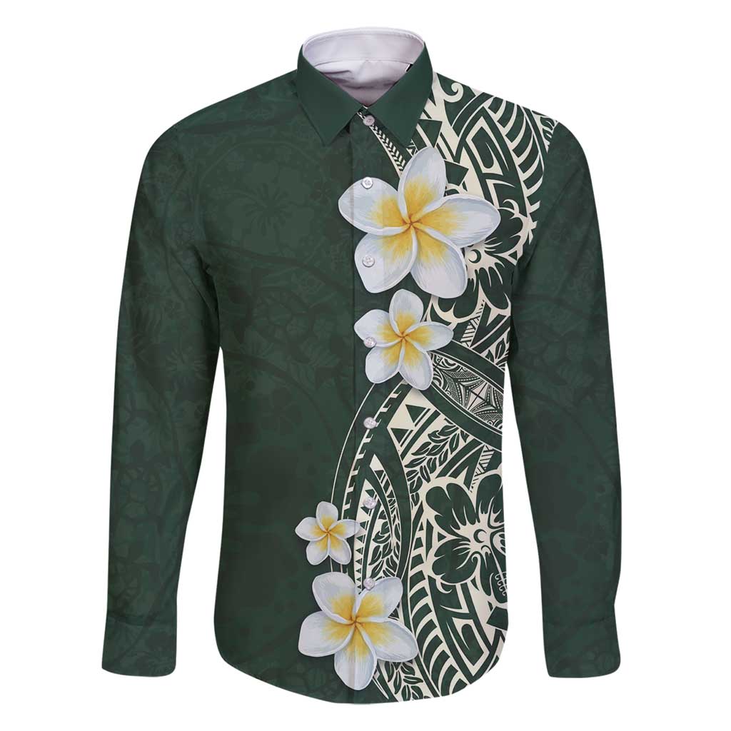 Plumeria Family Matching Mermaid Dress and Hawaiian Shirt Polynesian Tribal Frangipani Green LT03 Dad's Shirt - Long Sleeve Green - Polynesian Pride
