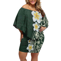 Plumeria Family Matching Off Shoulder Short Dress and Hawaiian Shirt Polynesian Tribal Frangipani Green