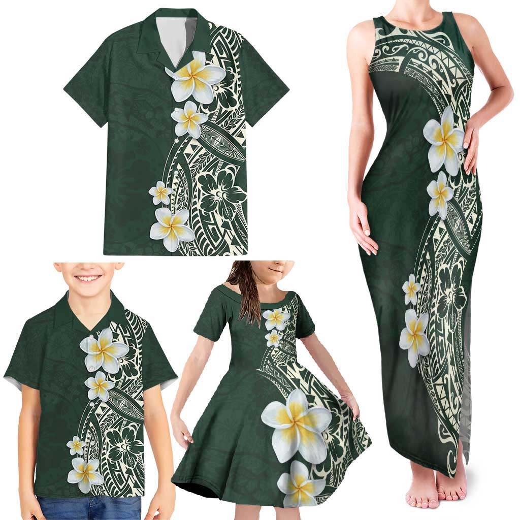 Plumeria Family Matching Tank Maxi Dress and Hawaiian Shirt Polynesian Tribal Frangipani Green