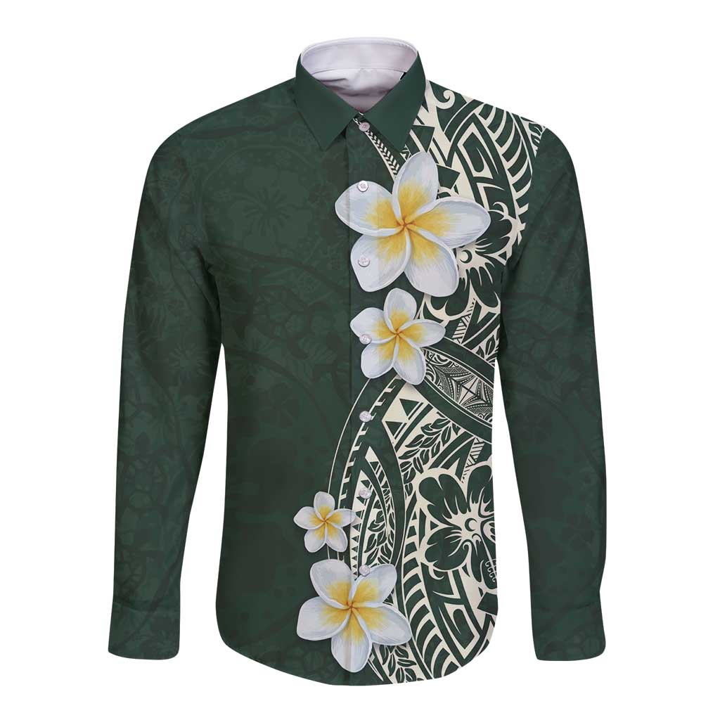 Plumeria Long Sleeve Button Shirt Polynesian Tribal Frangipani Green LT03 Unisex Green - Polynesian Pride