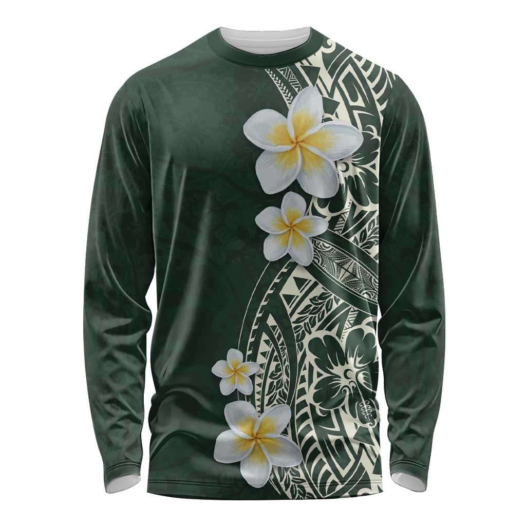 Plumeria Long Sleeve Shirt Polynesian Tribal Frangipani Green LT03 Unisex Green - Polynesian Pride