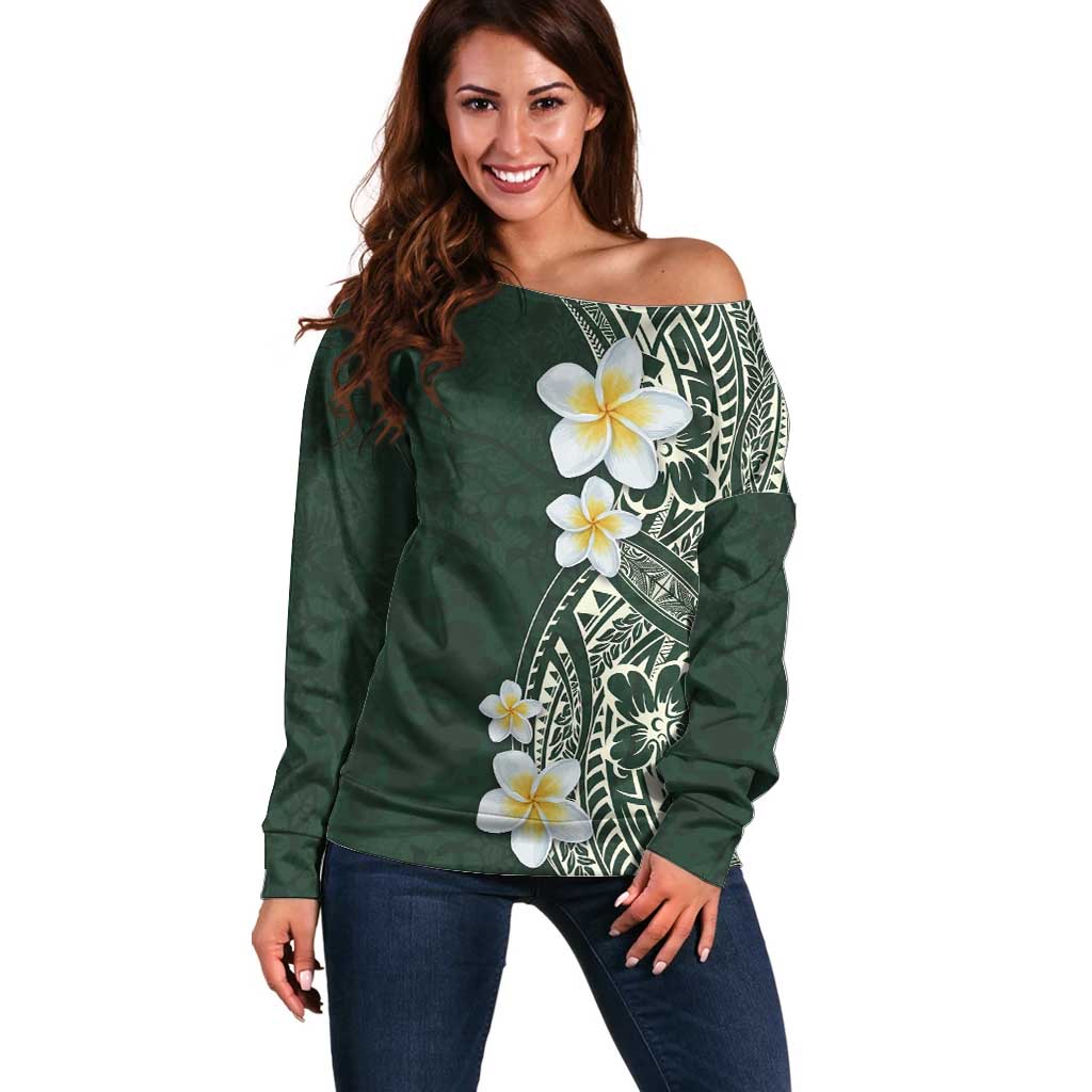Plumeria Off Shoulder Sweater Polynesian Tribal Frangipani Green LT03 Women Green - Polynesian Pride