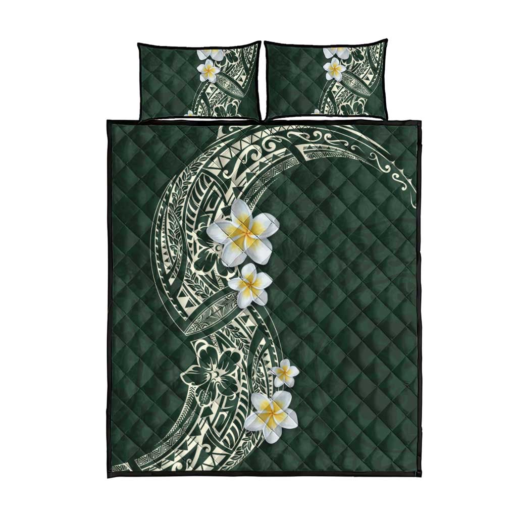 Plumeria Quilt Bed Set Polynesian Tribal Frangipani Green