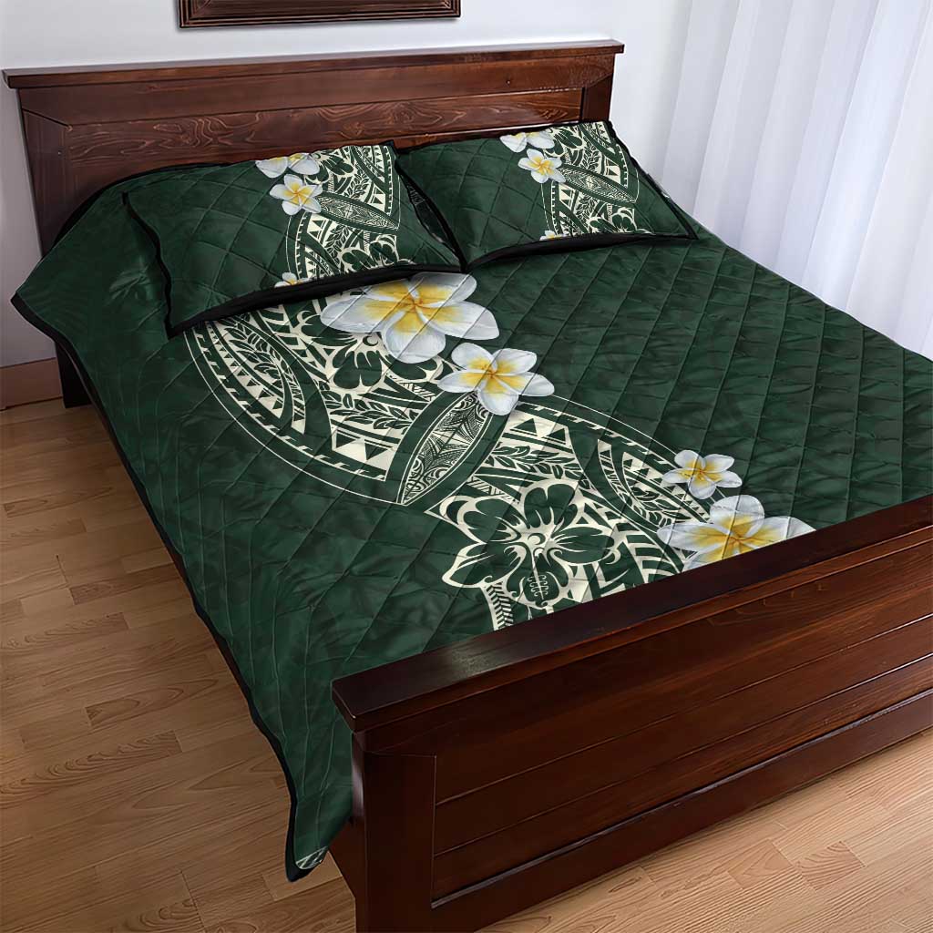 Plumeria Quilt Bed Set Polynesian Tribal Frangipani Green