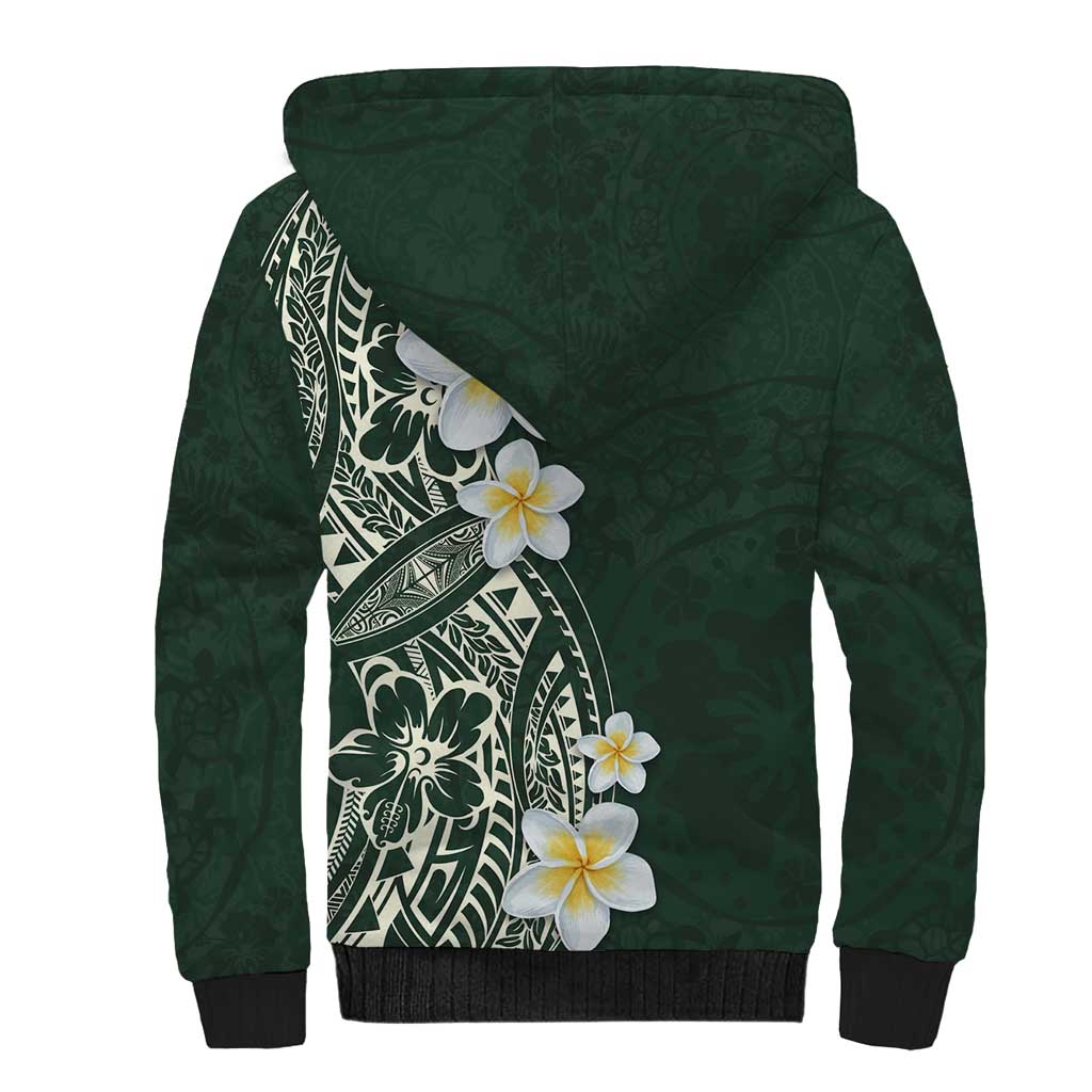 Plumeria Sherpa Hoodie Polynesian Tribal Frangipani Green