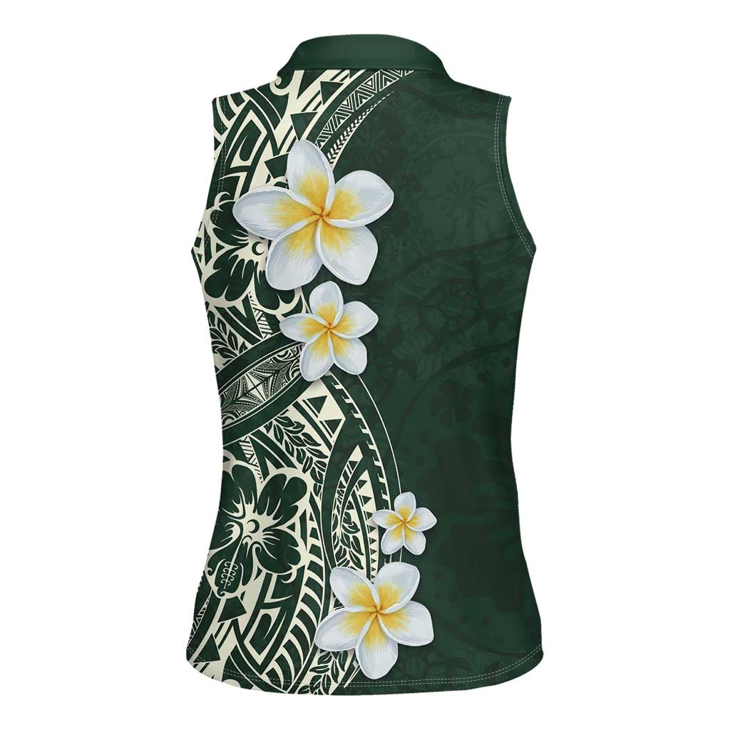 Plumeria Women Sleeveless Polo Shirt Polynesian Tribal Frangipani Green