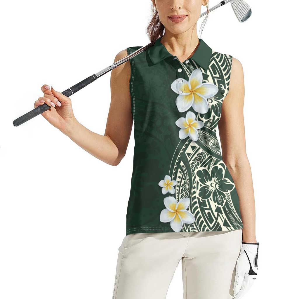 Plumeria Women Sleeveless Polo Shirt Polynesian Tribal Frangipani Green