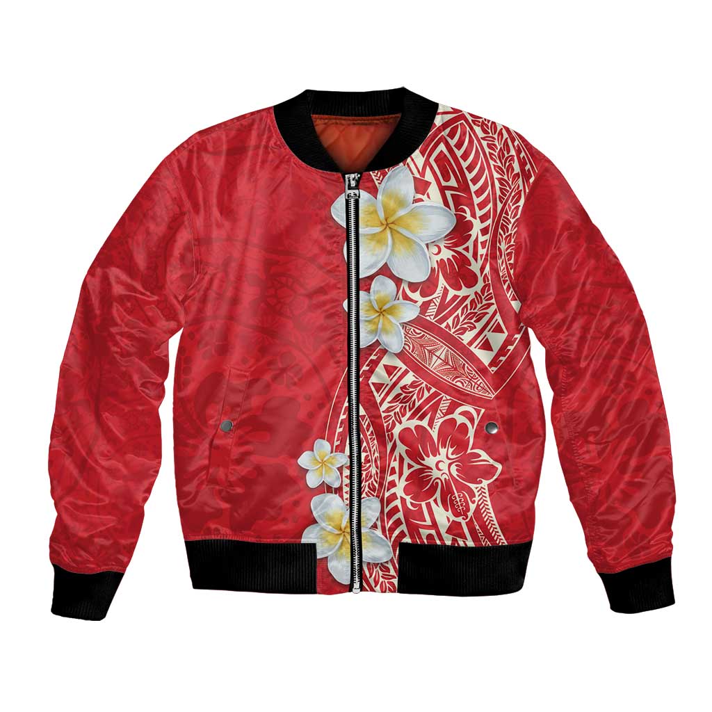 Plumeria Bomber Jacket Polynesian Tribal Frangipani Red LT03 Unisex Red - Polynesian Pride