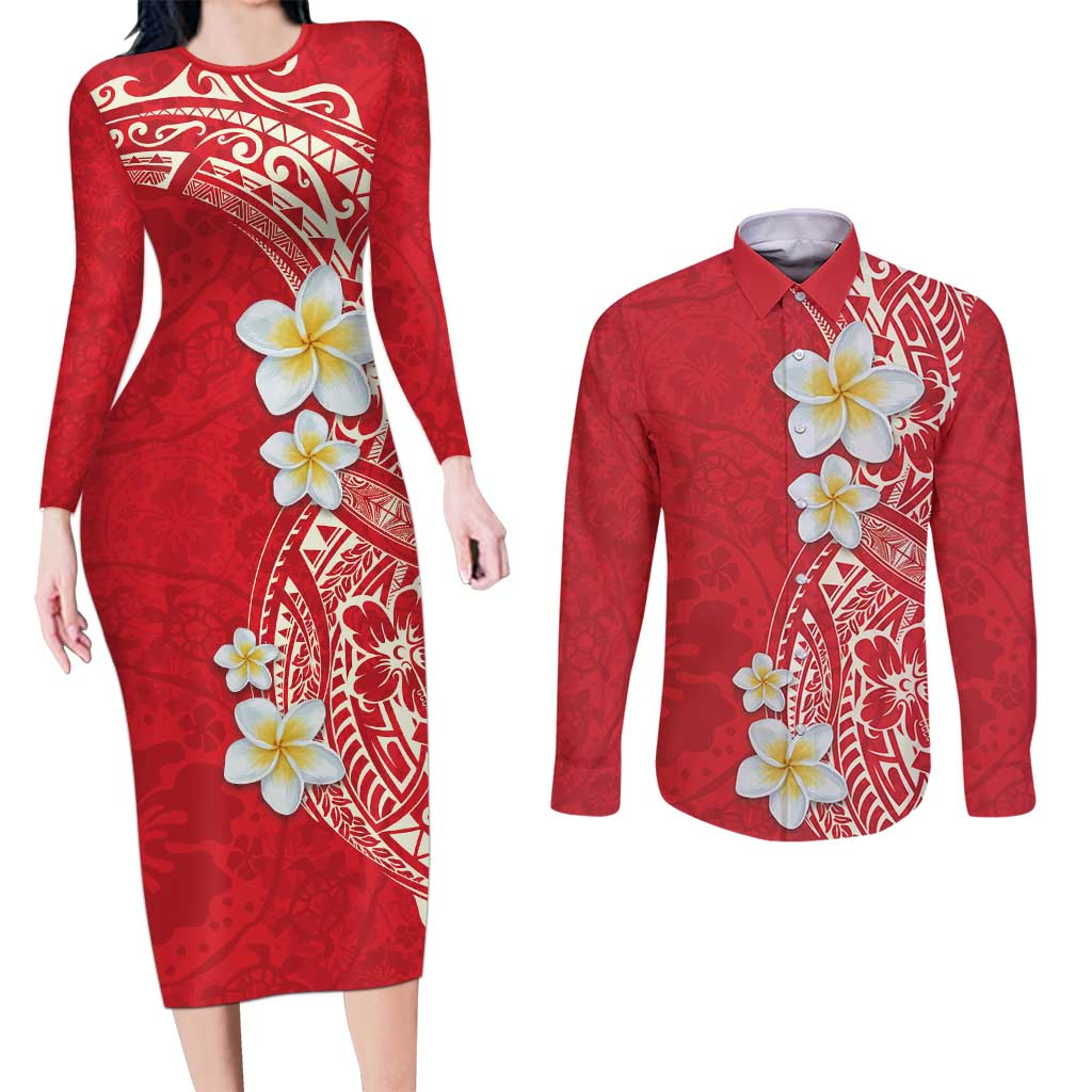 Plumeria Couples Matching Long Sleeve Bodycon Dress and Long Sleeve Button Shirt Polynesian Tribal Frangipani Red