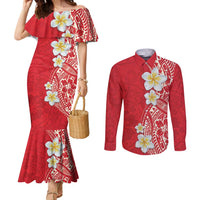 Plumeria Couples Matching Mermaid Dress and Long Sleeve Button Shirt Polynesian Tribal Frangipani Red