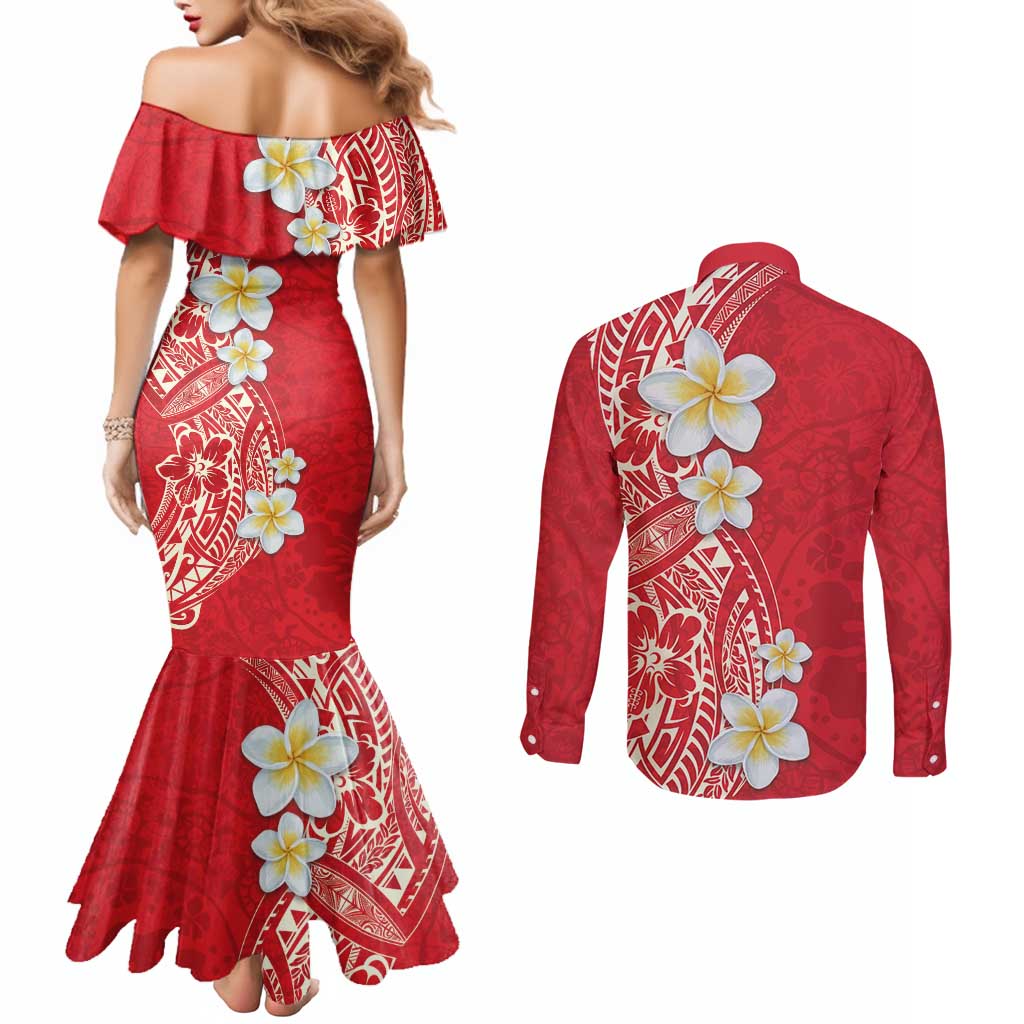 Plumeria Couples Matching Mermaid Dress and Long Sleeve Button Shirt Polynesian Tribal Frangipani Red