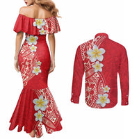 Plumeria Couples Matching Mermaid Dress and Long Sleeve Button Shirt Polynesian Tribal Frangipani Red
