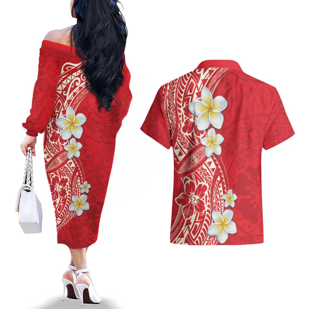 Plumeria Couples Matching Off The Shoulder Long Sleeve Dress and Hawaiian Shirt Polynesian Tribal Frangipani Red