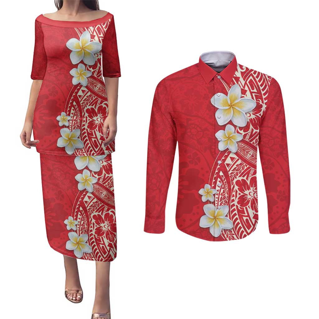 Plumeria Couples Matching Puletasi and Long Sleeve Button Shirt Polynesian Tribal Frangipani Red