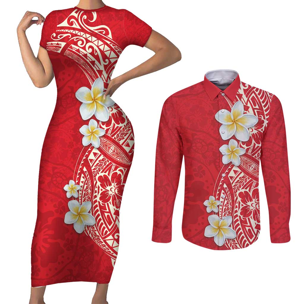 Plumeria Couples Matching Short Sleeve Bodycon Dress and Long Sleeve Button Shirt Polynesian Tribal Frangipani Red