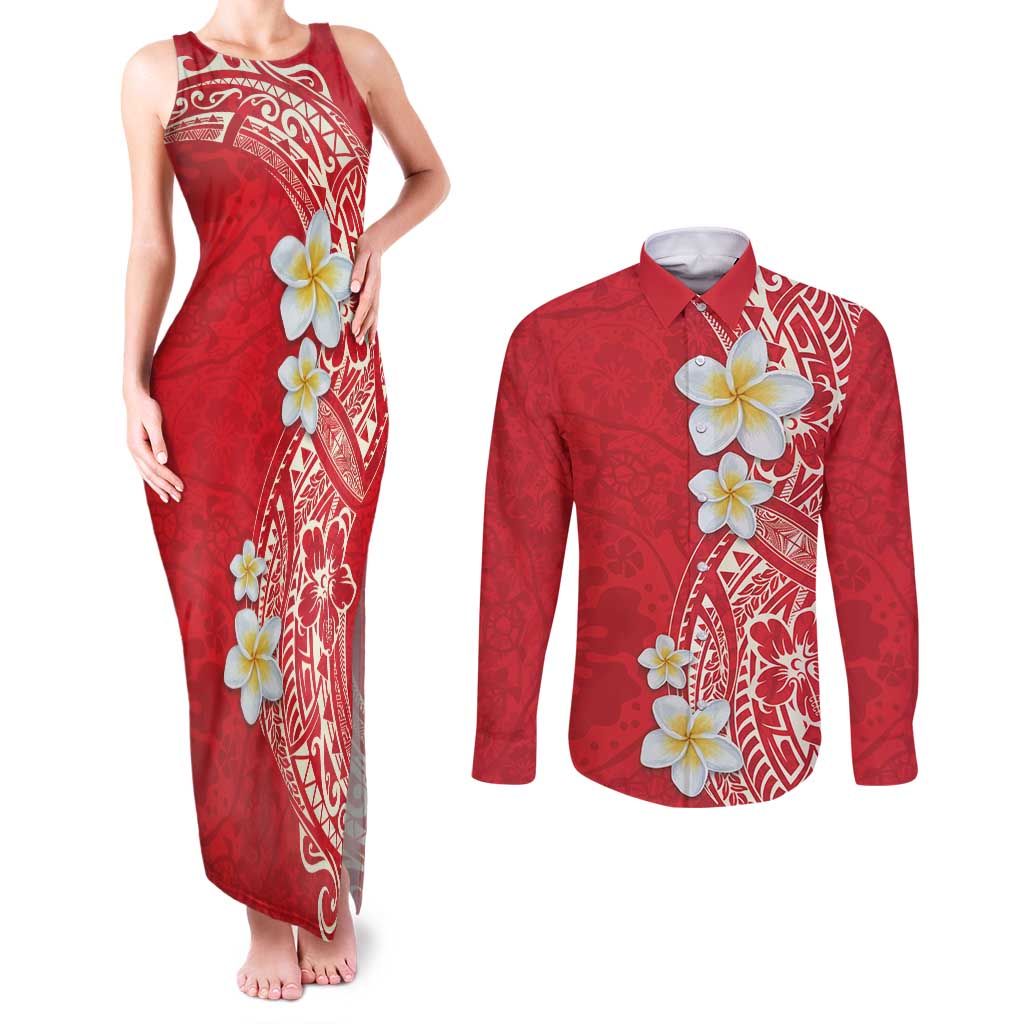 Plumeria Couples Matching Tank Maxi Dress and Long Sleeve Button Shirt Polynesian Tribal Frangipani Red