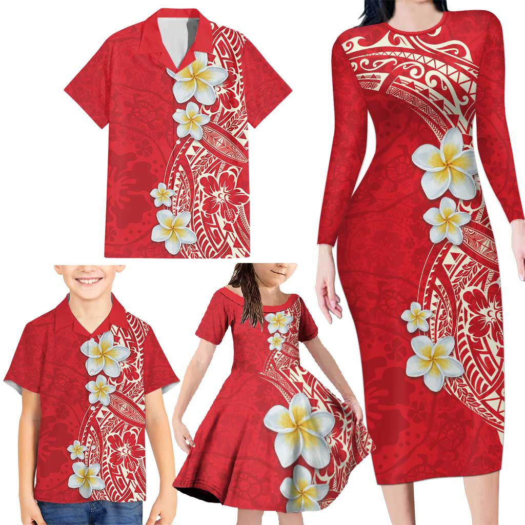 Plumeria Family Matching Long Sleeve Bodycon Dress and Hawaiian Shirt Polynesian Tribal Frangipani Red