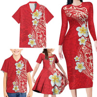 Plumeria Family Matching Long Sleeve Bodycon Dress and Hawaiian Shirt Polynesian Tribal Frangipani Red