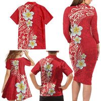 Plumeria Family Matching Long Sleeve Bodycon Dress and Hawaiian Shirt Polynesian Tribal Frangipani Red