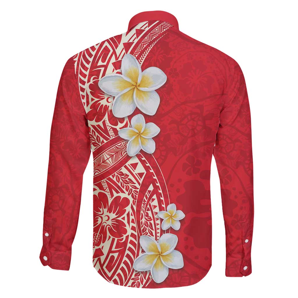 Plumeria Family Matching Long Sleeve Bodycon Dress and Hawaiian Shirt Polynesian Tribal Frangipani Red