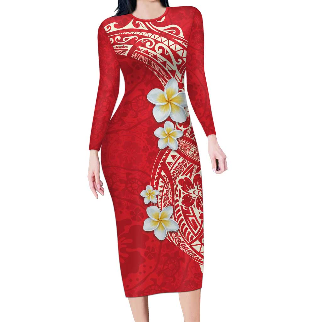 Plumeria Family Matching Long Sleeve Bodycon Dress and Hawaiian Shirt Polynesian Tribal Frangipani Red
